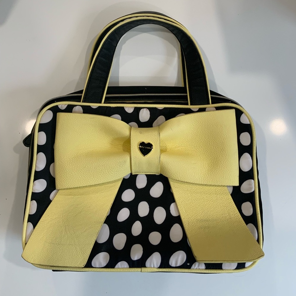 BETSEY JOHNSTON Yellow and Black Polka Dot Bow Toiletries/Makeup Bag